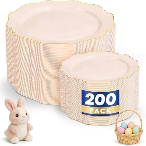 200PCS Pink Plastic Plates - Pink and Gold Plastic Plates - Include 100 Dinner Plate and 100 Cake Plate for Spring/Wedding/Bridal Shower/Tea party/Easter