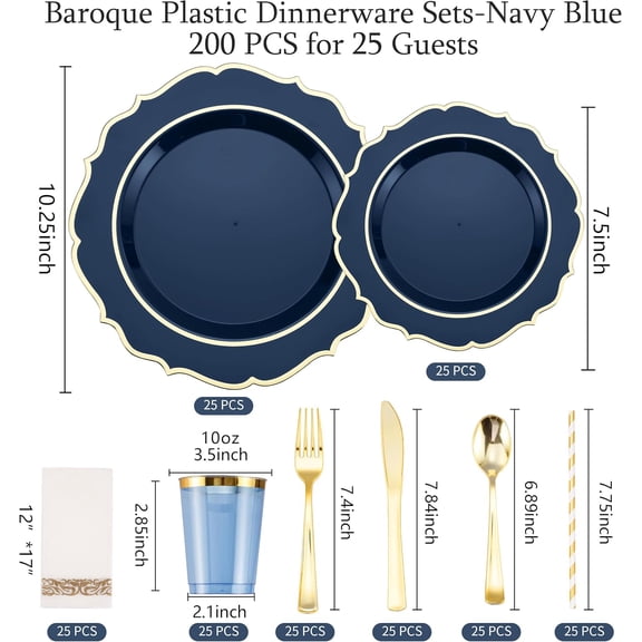 200PCS Premium Blue Plastic Plates Graduation Party Set Heavy Duty Disposable Dinnerware for 25 Guests