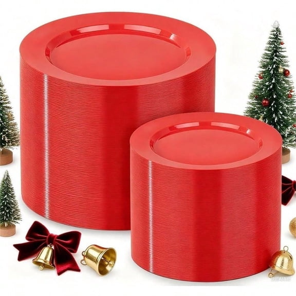 200PCS Red Plastic Plates Disposable Plates for Party - Heavy Duty Plastic Plates - 10 7 Plate for 100 Guests New Year Parties and Events Christmas