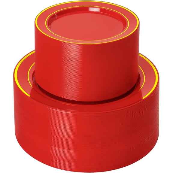 200PCS Red Plastic Plates for 100 Guests - Include 100PCS 10" Dinner/ 100PCS 7" Dessert Plastic Plates Heavy Duty - Ideal for Wedding/Party/Christmas