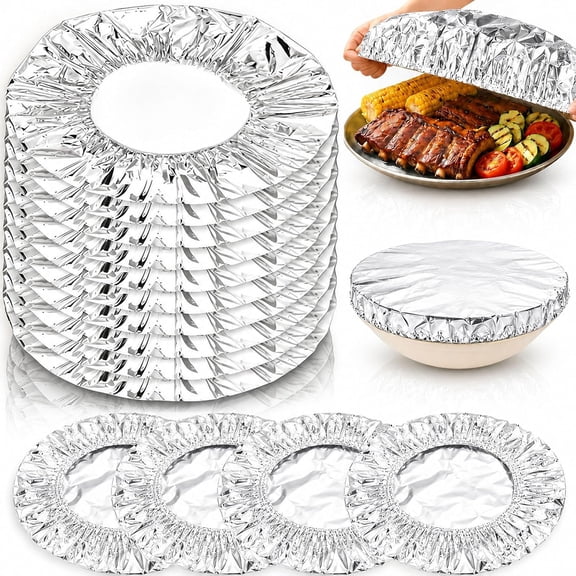 200PCS Reusable Aluminum Foil Food Covers, Upgraded Thickened Heat-Retaining Covers with Elastic Edges, 110°C Heat Resistant Bowl & Plate Covers for Meals, Fruit, Vegetables, Leftovers, Kitchen