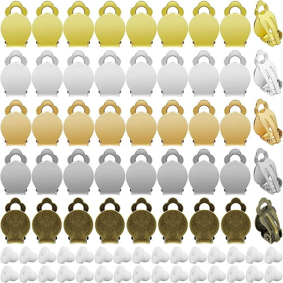 200PCS Round Flat Back Tray Earring Clips Set with Earring Pads, Non-Pierced Clip-on Earring Findings Round Frog Ear Clips Earring Pad Base Setting Components for DIY Jewelry Making Earring(5 Colors)