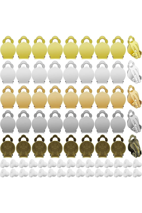 200PCS Round Flat Back Tray Earring Clips Set with Earring Pads, Non-Pierced Clip-on Earring Findings Round Frog Ear Clips Earring Pad Base Setting Components for DIY Jewelry Making Earring(5 Colors)
