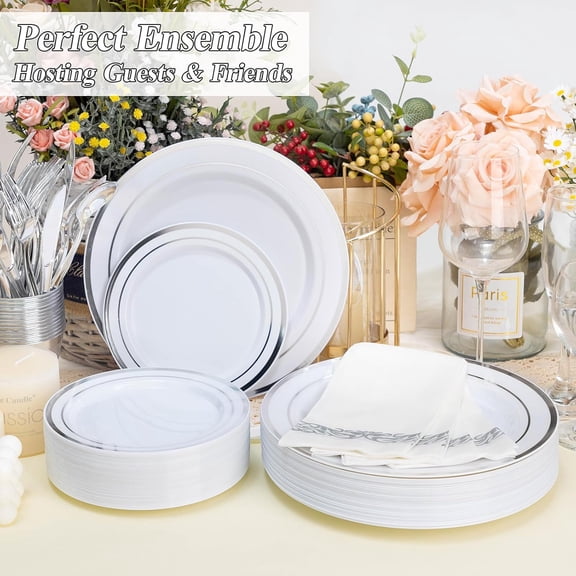 200PCS Silver Plastic Plates Set