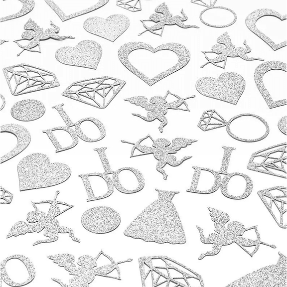 200PCS Sliver Glitter Wedding Confetti, 'I Do' Theme, Hearts, Diamonds, Cupid, Bridal Shower Table Decorations