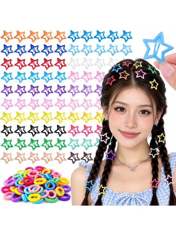 200PCS Star Snap Hair Clips with Rubber bands, Small Cute Hair Barrettes for Women Girls