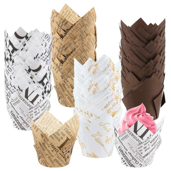 200PCS Tulip Cupcake Liners, Baking Paper Cups with 4 Designs, Muffin Baking Liners, Mini Floral Cupcake Wrappers for Party, Wedding, Bridal Shower