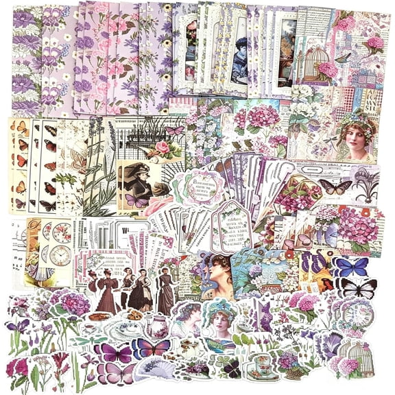 200PCS Vintage Scrapbooking Supplies Pack, Aesthetic Scrapbook Sticker Paper Art Journaling Kit for Junk Journals,Planner,Cottagecore Decor Gifts (Purple Series)