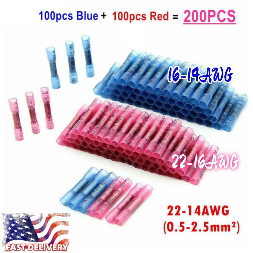 200PCS Waterproof Heat Shrink Butt Wire Splice Crimp Connector Terminal 22-14AWG