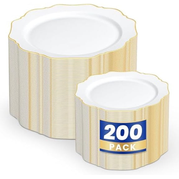 200PCS White and Gold Plastic Plates - Gold Plastic Plates - Include 100 Dinner & 100 Dessert Disposable Party Plate - Fancy Disposable Plate for Wedding Baby Shower Spring