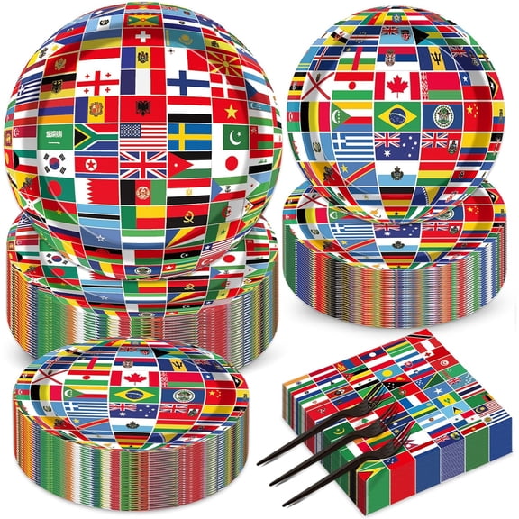 200PCS World Flag Disposable Tableware Set Serves 50 Guests, Flag Printed Paper Plates Napkins Forks, Travel Around The World Themed Party Birthday Baby Shower Party Supplies Decor