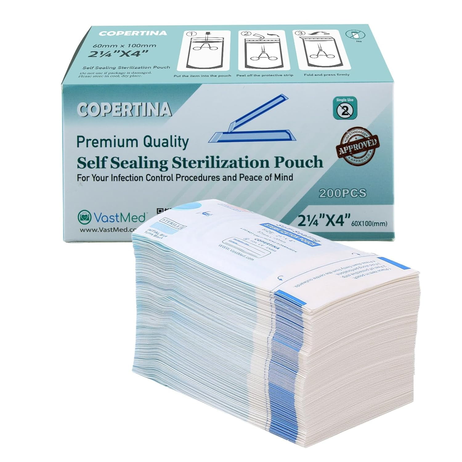 200PCs COPERTINA Self Seal Sterilization Pouches with Dual Indicators