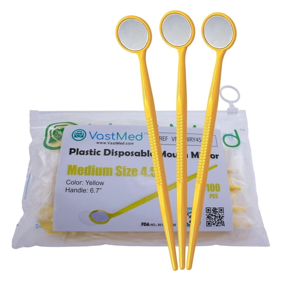 200PCs Disposable Dental Mouth Mirrors by VASTMED Oral Dental Mirror Plastic Dental Instrument Anti Fog Mouth Glass Mirror for Teeth with Handles Plastic Tooth Mirror (200PCs, Yellow)