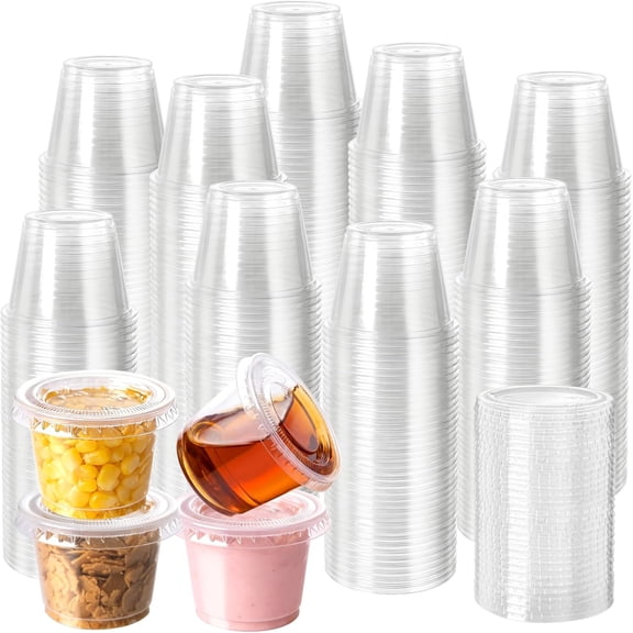 200Pack 1oz Disposable Plastic Portion Cups with Lids, Small Mini Sauce Cups for Portion Control, Salad Dressing Cups, Airtight and Stackable Condiment Cups for Party, Holiday and Daily Use