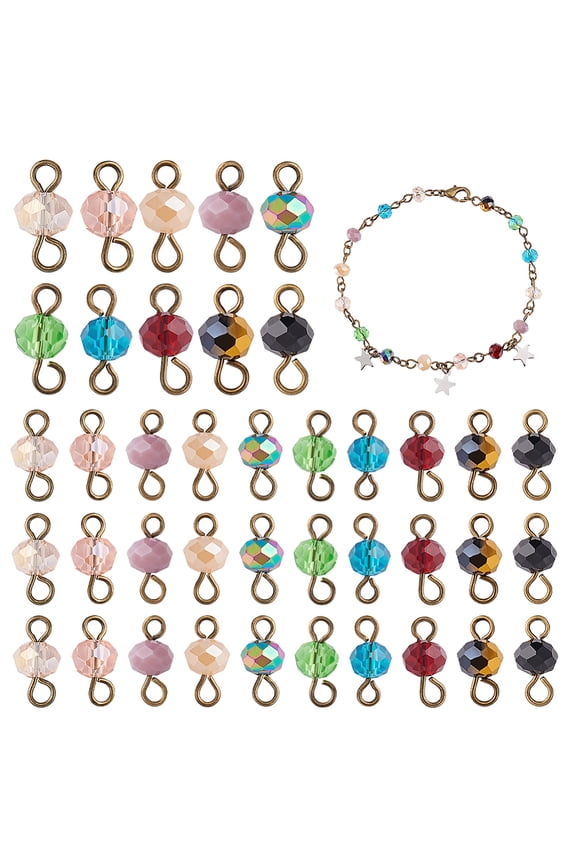 200Pcs 10 Colors Faceted Rondelle Glass Connector Charms with Bronze Palted Iron Double Loops Mixed Color 13mm Hole: 0.2mm