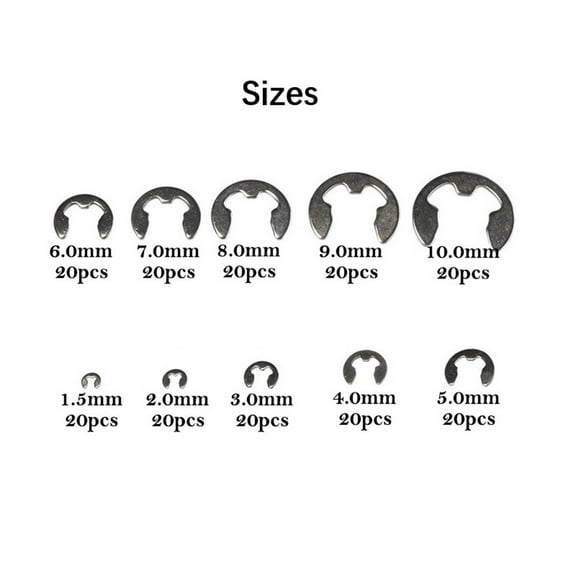 200Pcs 10 Sizes 304 Stainless Steel Open Retaining Ring E-Shape Circlips Set YIWEI
