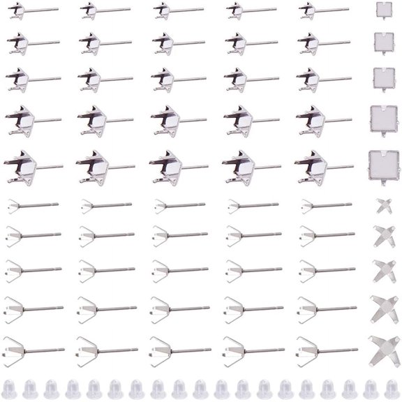 200Pcs 10 Styles 304 Stainless Steel Prong Earring Settings Claw Earring Post Rhinestone Claw Earring Component with 200pcs Plastic Ear Nuts for DIY Earring Jewelry Making Pin: 0.9mm for DIY