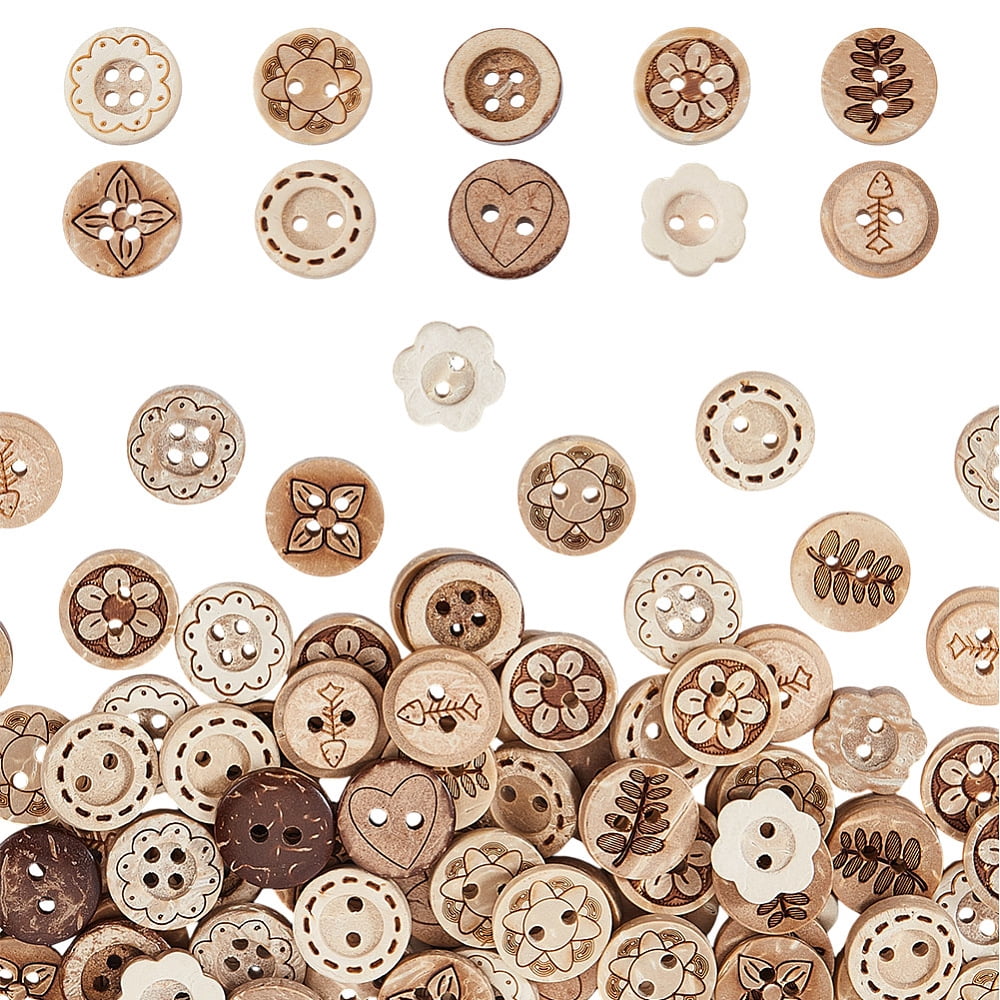 200Pcs 10 Styles Coconut Shell Buttons 4-Hole & 2-Hole Flat Round Mixed ...