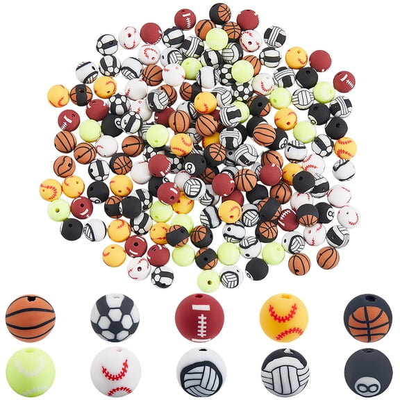 200Pcs 10 Styles Round Sports Beads Baseball Ball Beads Polymer Clay Soccer Basketball Football Volleyball Tennis Loose Spacers DIY