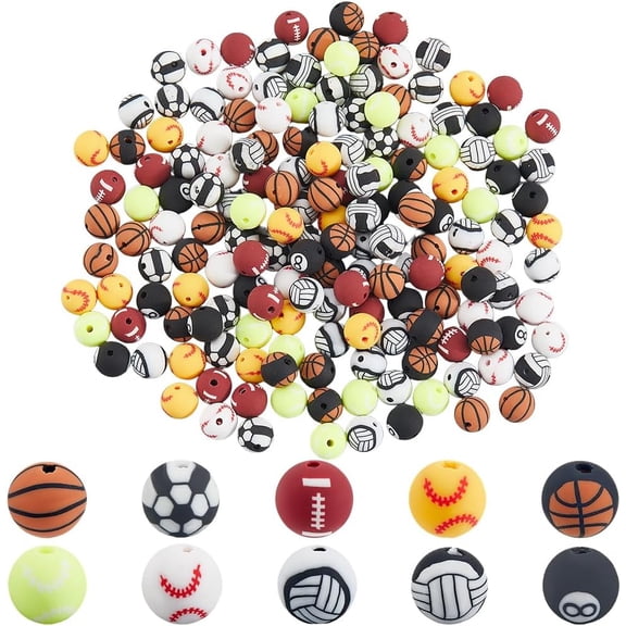 200Pcs 10 Styles Round Sports Beads Baseball Ball Beads Polymer Clay Soccer Basketball Football Volleyball Tennis Loose Spacers