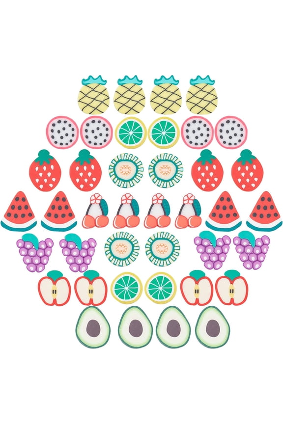 200Pcs 10 Styles Thanksgiving Beads Harvest Fruit Clay Cabochons Handmade Polymer Flatback Charms Colorful Beads Cherry Pineapple Grape Strawberry Watermelon Slices for DIY Crafts