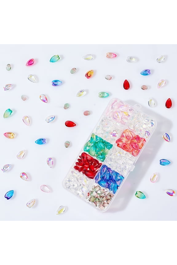 200Pcs 10 Styles Transparent Glass Charms Teardrop Oval Mixed Color 8~14x6~8x4~5.5mm Hole: 1~1.2mm 20Pcs/style