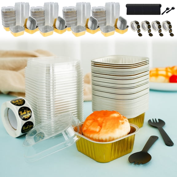 200Pcs 150ml Aluminum Foil Cupcake Cups With Lids Non Stick Mini Foil Cake Pans Microwaves Safe Heat Proof Foil Cupcake Liners for Pastry Pie Pudding