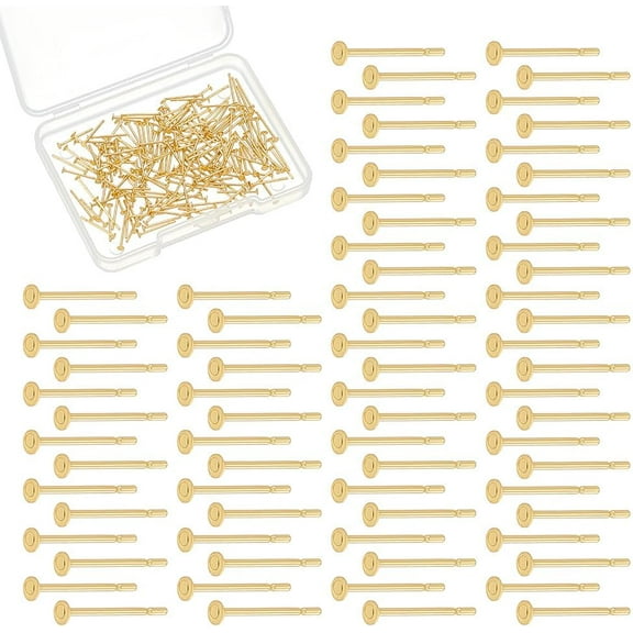200Pcs 18K Gold Plated Earring Posts Peg Stud Earrings Findings Tray Metal Flat Pad Earrings Studs Stainless Steel Flat Round Blank Earring Pads for Jewelry Making 2mm Real 18K Gold Plated