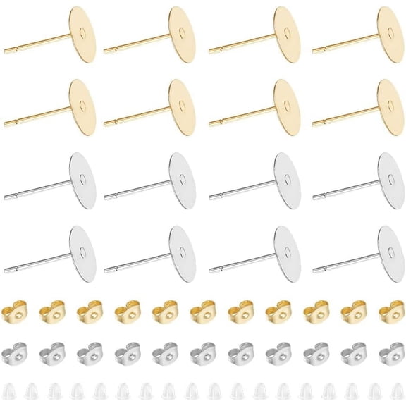 200Pcs 2 Color Flat Pad Stud Earring Stainless Steel Stud Earring Findings with Loop Metal Earrings Post with Earring Backs Flat Round Blank Earring Pads for DIY Earrings Making Colorful
