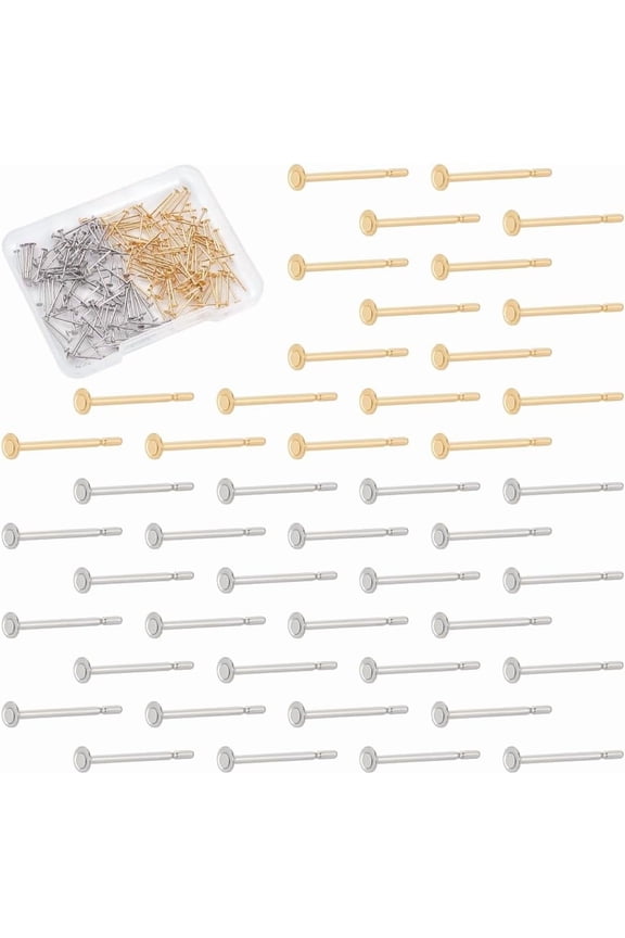 200Pcs 2 Colors 18K Gold Plated Earring Posts Flat Pad Earring Studs Stainless Steel Stud Earring Findings Flat Round Blank Earring Pads Making 2mm Real Gold Plated & Stainless Steel Color
