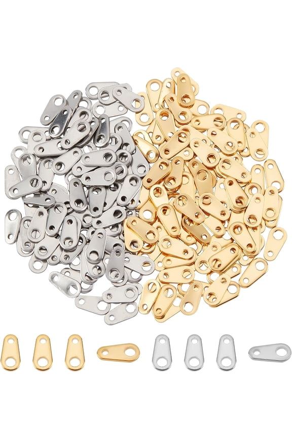 200Pcs 2 Colors 304 Stainless Steel Chain Tabs Chain Extender Connectors Teardrop Golden Stainless Steel Color 8x4x0.7mm Hole: 1 and 2mm