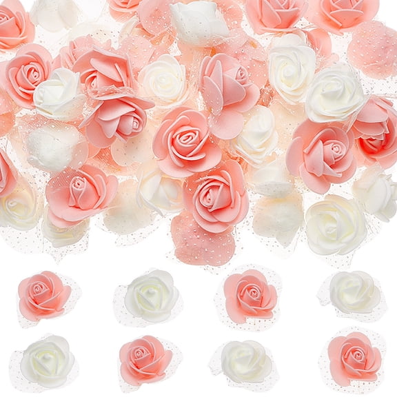 200Pcs 2 Colors 3D Foam Rose Ornament Accessories Imitation Flower with Organza Mixed Color 43~45x39~45x21.5~22mm 100pcs/color colorful
