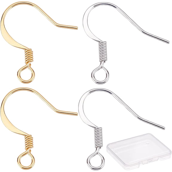 200Pcs 2 Colors Brass Earring Hooks with Horizontal Loop Long-Lasting Plated Mixed Color 16.7~17x16x0.7mm Hole: 2~2.2mm Pin: 0.6~0.7mm
