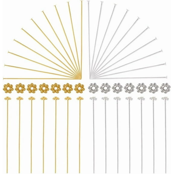200Pcs 2 Colors Jewelry Pins Gold Head Pins Brass with Alloy Daisy Spacer Beads Long Silver Craft Flat Headpin Needle Findings Accessories for Jewelry Making Earring Bracelet DIY Crafts