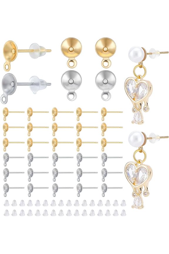 200Pcs 2 Colors Pearl Cup Earring Post Stainless Steel Stud Earring Findings for Half Drilled Beads Golden Earring Settings with 200Pcs Ear Nuts for DIY Earring Making