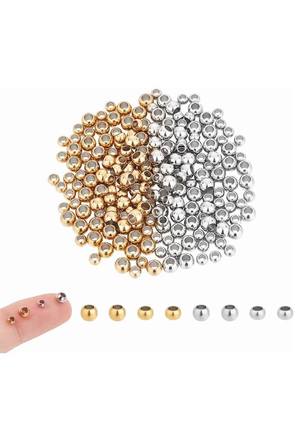 200Pcs 2 Colors Round Beads 3/4mm Spacer Beads Stainless Steel Beads Loose Beads Metal Beads Smooth Beads Bracelet Beads Finding for DIY Necklace Jewelry Making Supplies Mixed Color