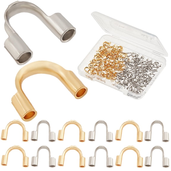 200Pcs 2 Colors Wire Guardian Protectors Guard Thread Protector U Shape Loop 304 Stainless Steel for DIY Jewelry Craft Supplies Hole 1mm Golden Silver