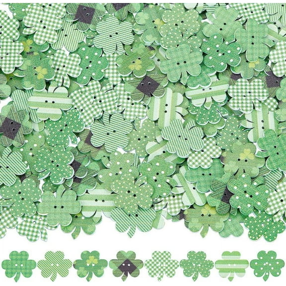 200Pcs 2 Holes 25MM St Patricks Day Buttons Assorted Green Spring Shamrock Wood Buttons Leaf Clover Shaped Wooden Button Bulk