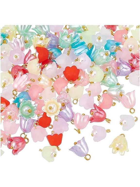 200Pcs 2 Style Plastic Flower Bead Acrylic Imitation Pearl Bead Flower Pearl Pendant Plastic Charm with Brass Dangle Charms Pendant with Hole