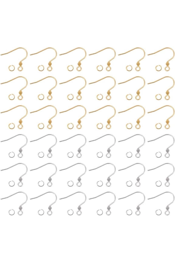 200Pcs 2 Styles 304 Stainless Steel Earring Hooks Ear Wire with Horizontal Loops and 200Pcs Jump Rings Fish Ear Wire for Drop Earrings Jewelry Making Hole 2mm