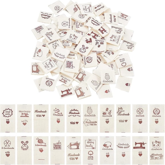 200Pcs 20 Patterns Cotton Sewing Labels Cloth Labels for Sewing Knitting Crafts Khaki Mixed Patterns 39~40x21x0.3mm 10pcs/pattern DIY