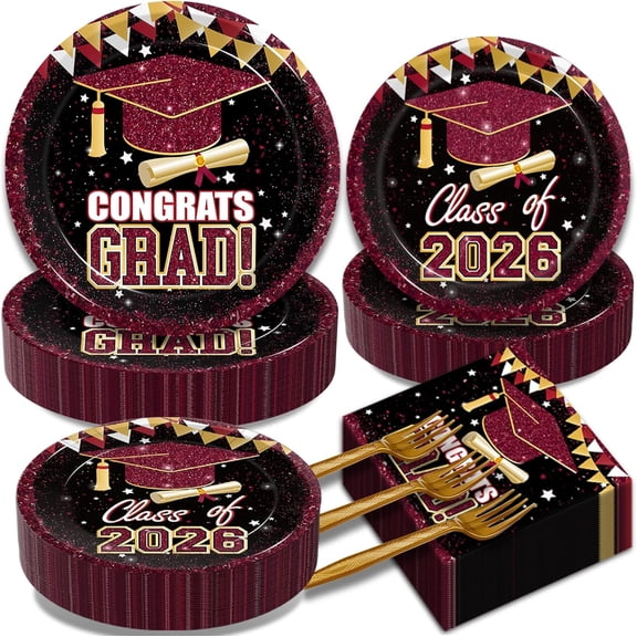 200Pcs 2026 Graduation Party Tableware Set, Maroon Gold Class of 2026 Party Decorations Supplies for Boys Girls Congratulate Graduation Disposable Paper Plates Napkins Forks Favors, Serve 50
