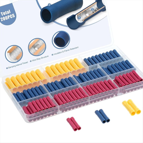 200Pcs 22-10AWG Fully Insulated Wire Butt Connectors, Electrical Crimp Terminal Splice Wiring Assortment Kit