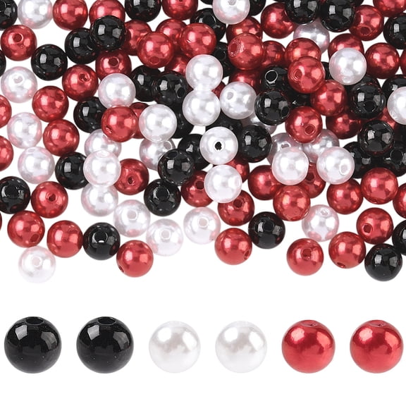 200Pcs 3 Colors Black Acrylic Round Beads 10mm Plastic Pearl Beads White Red Small Ball Bubblegum Gum Smooth Loose Spacers Findings Kits for Jewelry Making Bracelets Necklaces DIY Crafting DIY