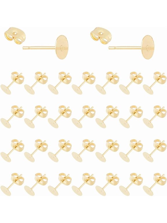 200Pcs 304 Stainless Steel Stud Earring Findings Flat Round 200Pcs 304 Stainless Steel Ear Nuts Real 24K Gold Plated 6x4.5~6x0.3~3mm for DIY