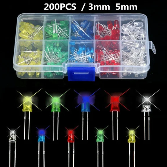 200Pcs 3Mm 5Mm Led Light White Yellow Red Blue Green Assortment Diodes Diy Kit