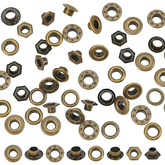 200Pcs 4.5-6mm Brass Grommets Eyelets 4 Styles Brass Grommet Eyelets Kit for Repairing Canvas Clothes Leather Metal Inner Hole Grommets for Belt Bag Tag Scrapbook Bead Cores Bronze