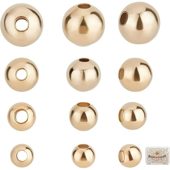 200Pcs 4 Size 24K Gold Plated Beads 3.5mm 4mm 5mm 6mm Round Smooth Spacer Beads Tarnish Resistant Seamless for Necklace Bracelet Earring Jewelry Making