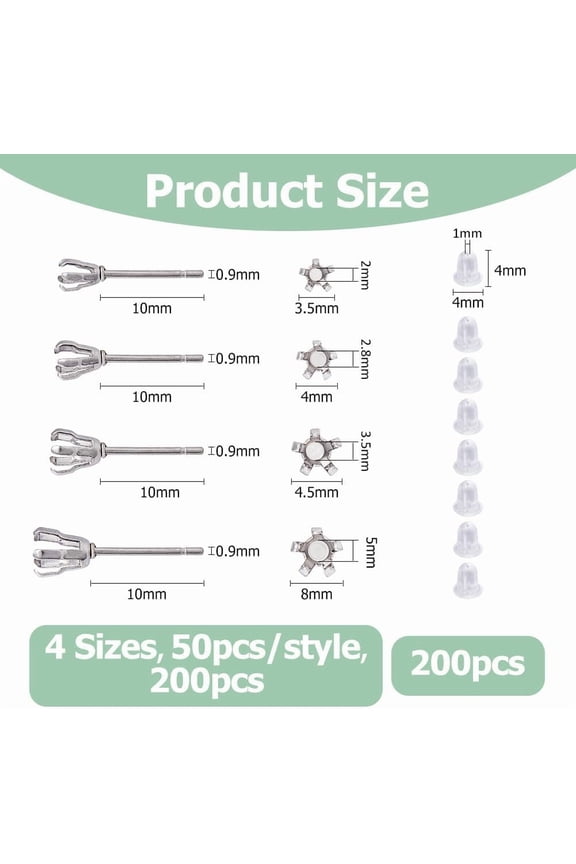 200Pcs 4 Sizes 304 Stainless Steel Prong Earring Settings 5 Claws Blank Earrings Post Rhinestone Claw Earring Component with 200pcs Plastic Ear Nuts for Earring Jewelry Making Pin: 0.9mm