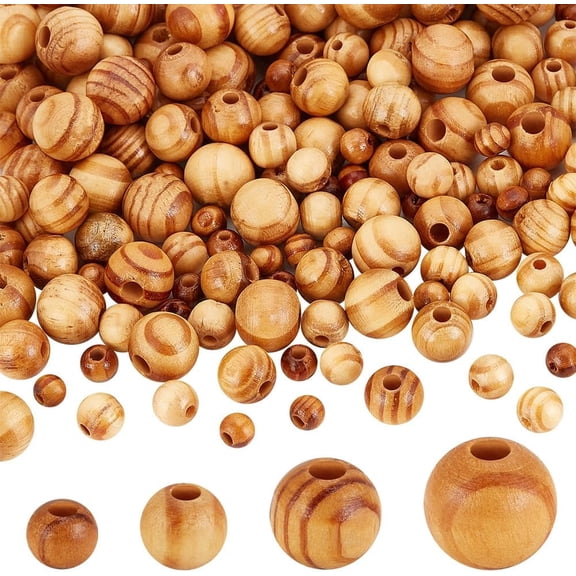 200Pcs 4 Sizes Wooden Beads Round Wooden Craft Beads, Natural Wood Macrame Beads Loose Spacer Beads Large Hole European Beads for DIY Bracelet Necklace Jewelry Making Decor
